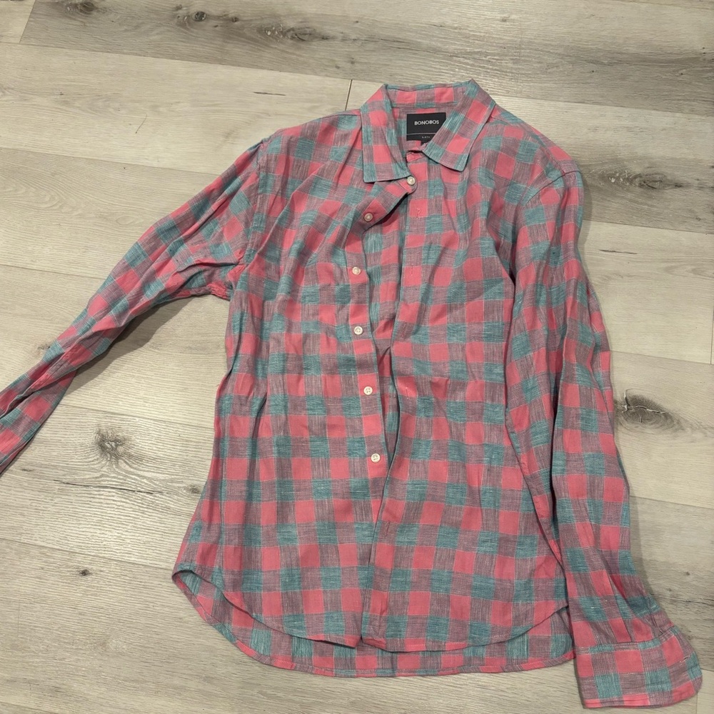 Linen Bonobos Teal and Pink Plaid Long-Sleeve Button-Down Shirt